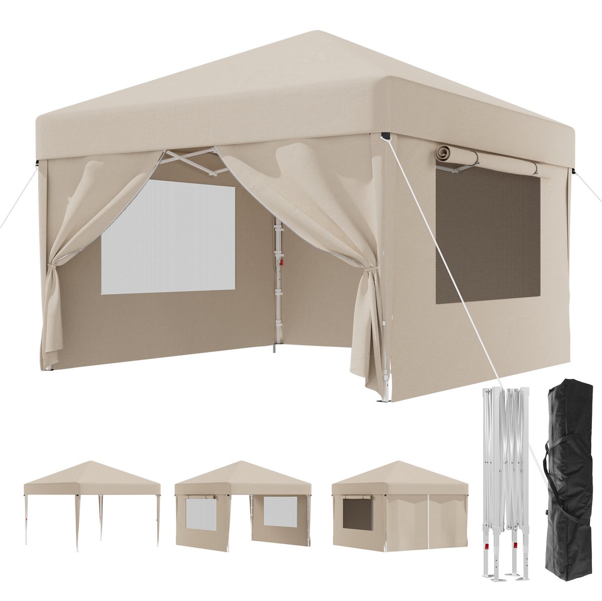 Devoko partytent–Opvouwbaar tuinpaviljoen 3x3（Raam met oprolbare hor）–pop-up tuinpaviljoen in 20 sec–Waterdicht & UV-bestendig–met opbergtas–Beige
