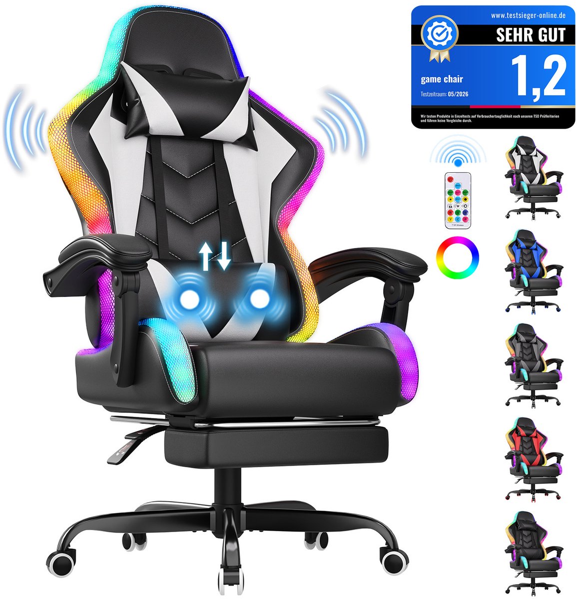 Devoko Game Stoel met ledverlichting-Ergonomische Gamestoel-Gaming chair met voetensteun-Bureaustoel met hoofdsteun en taille massage-Zwart wit