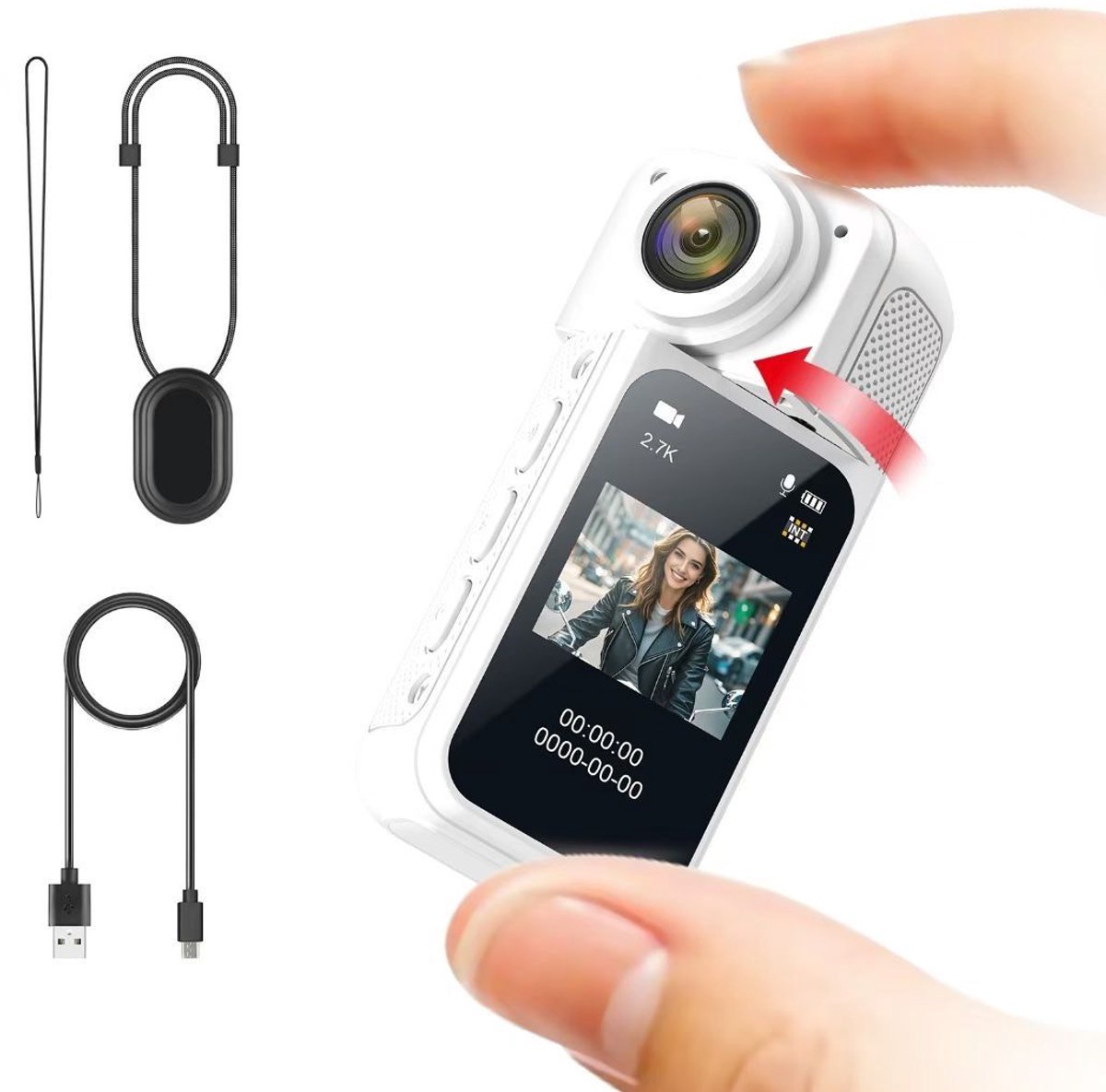 Ulisem - Actiecamera - Mini duimcamera met 2.7K opname - 180° draaibare lens voor voor- en achteropname - Magnetische bevestiging met hangkoord - 36 gram lichtgewicht - Inclusief 32GB geheugenkaart - Voor reis en beveiliging - Wit