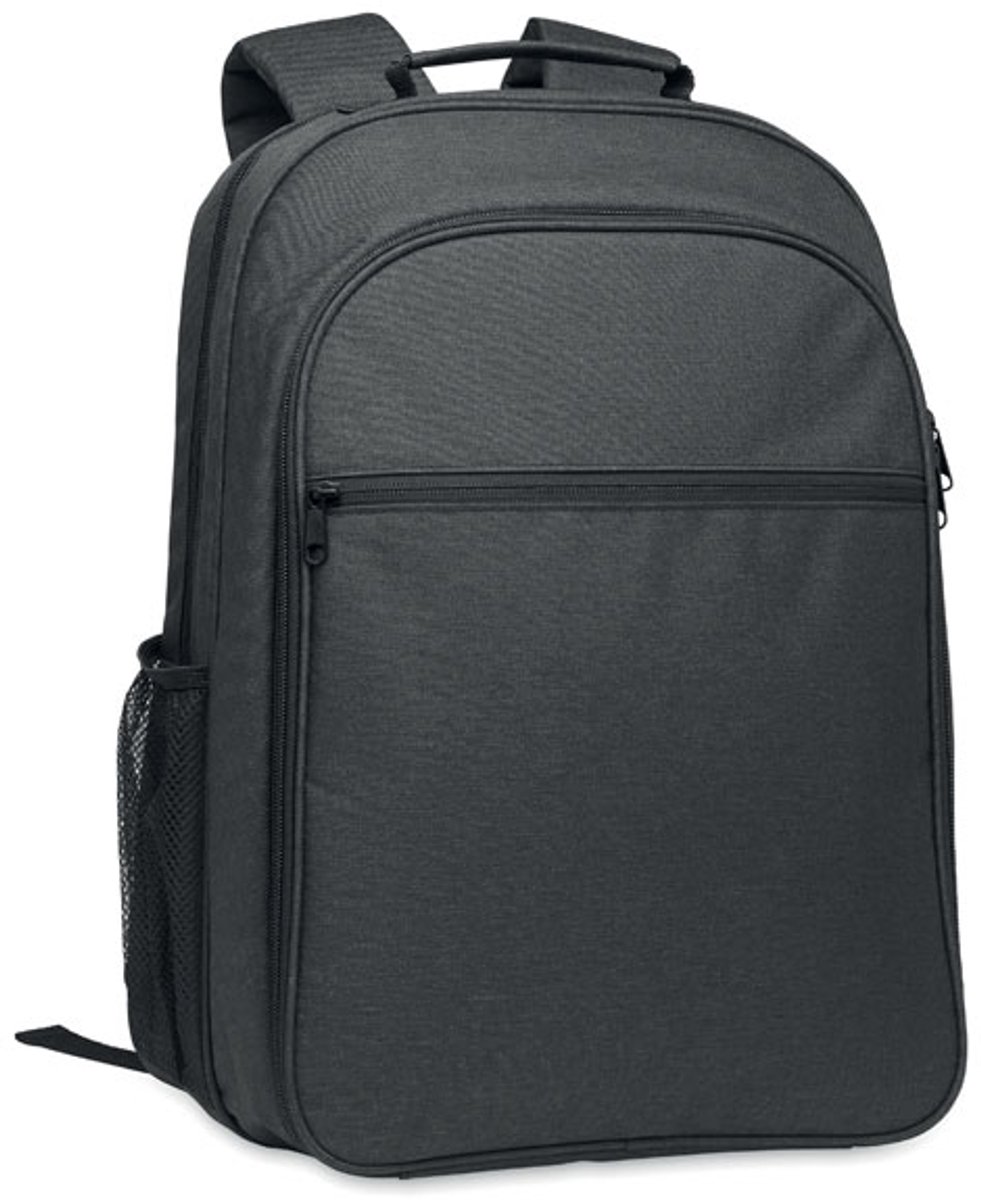 koelrugzak met vak voor een 15-inch laptop. Voorzak met ritssluiting en één zijvak van mesh. 300D RPET Meer dan 50% gerecycled materiaal