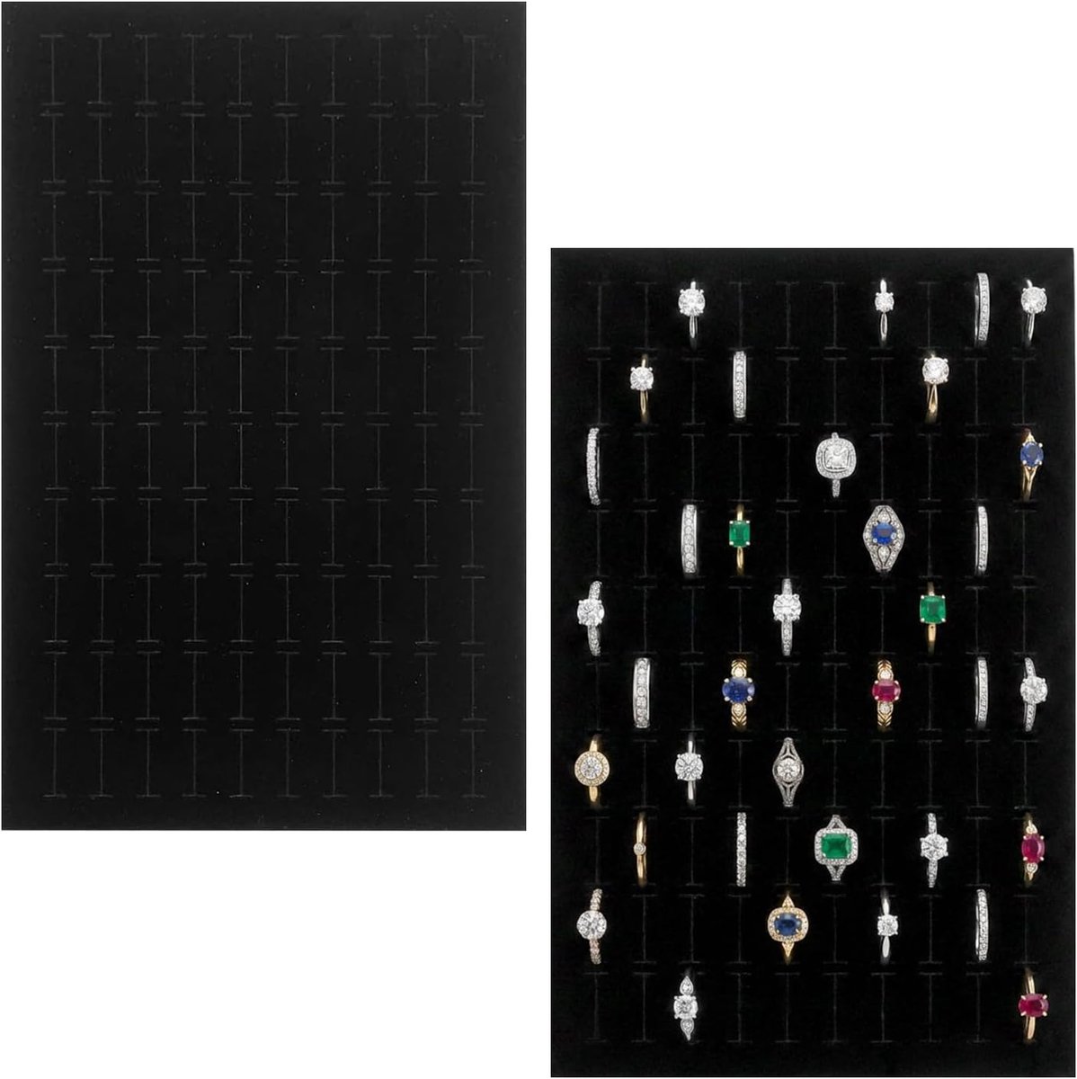 Set of 2 Ring Holder Inserts, Foam Jewellery Drawer Inlay with 100 Slots, Black Velvet, 11 x 18 cm, Rings and Earrings - ShopVlot