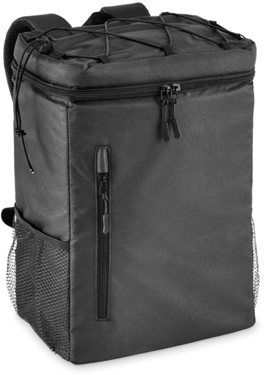 Koelrugzak van 600D RPET polyester met gevoerde, verstelbare schouderbanden, PEVA-voering en 5 mm PE-schuimisolatie. Inclusief voorvak en twee zijvakken van mesh. Inhoud: 9 liter. kleur zwart