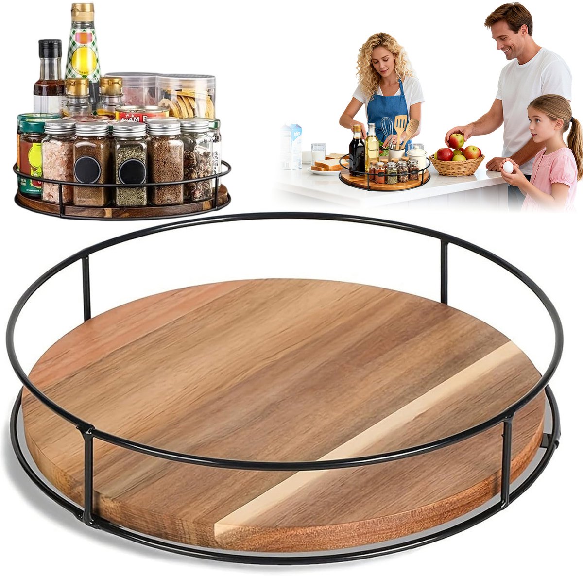 Draaiplateau Hout - Lazy Susan - Draaibaar Kruidenrek - Aanrecht Organizer - 23 cm - 360° - Antislip - Draaiplateau Rond - Voor Specerijen en Cosmetica - Keuken & Badkamer Accessoires