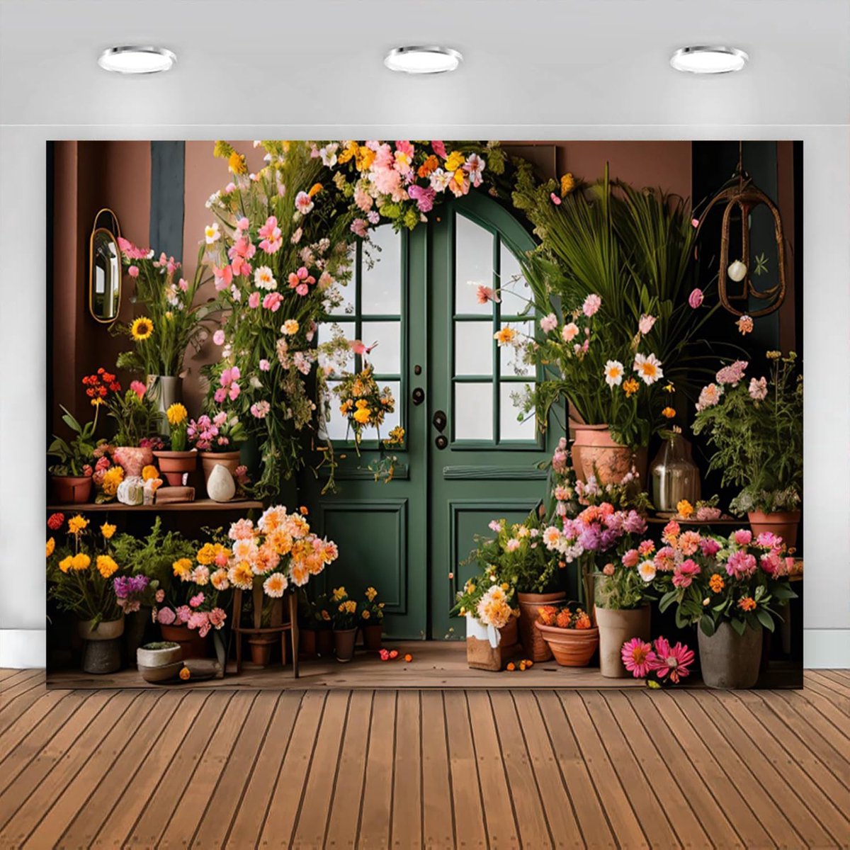 25x2ft Bloem Achtergrond Indoor Bloeiende Bloem Boog Houten Deur Fotografie Achtergrond Bruiloft Bruids Baby Shower - ShopVlot
