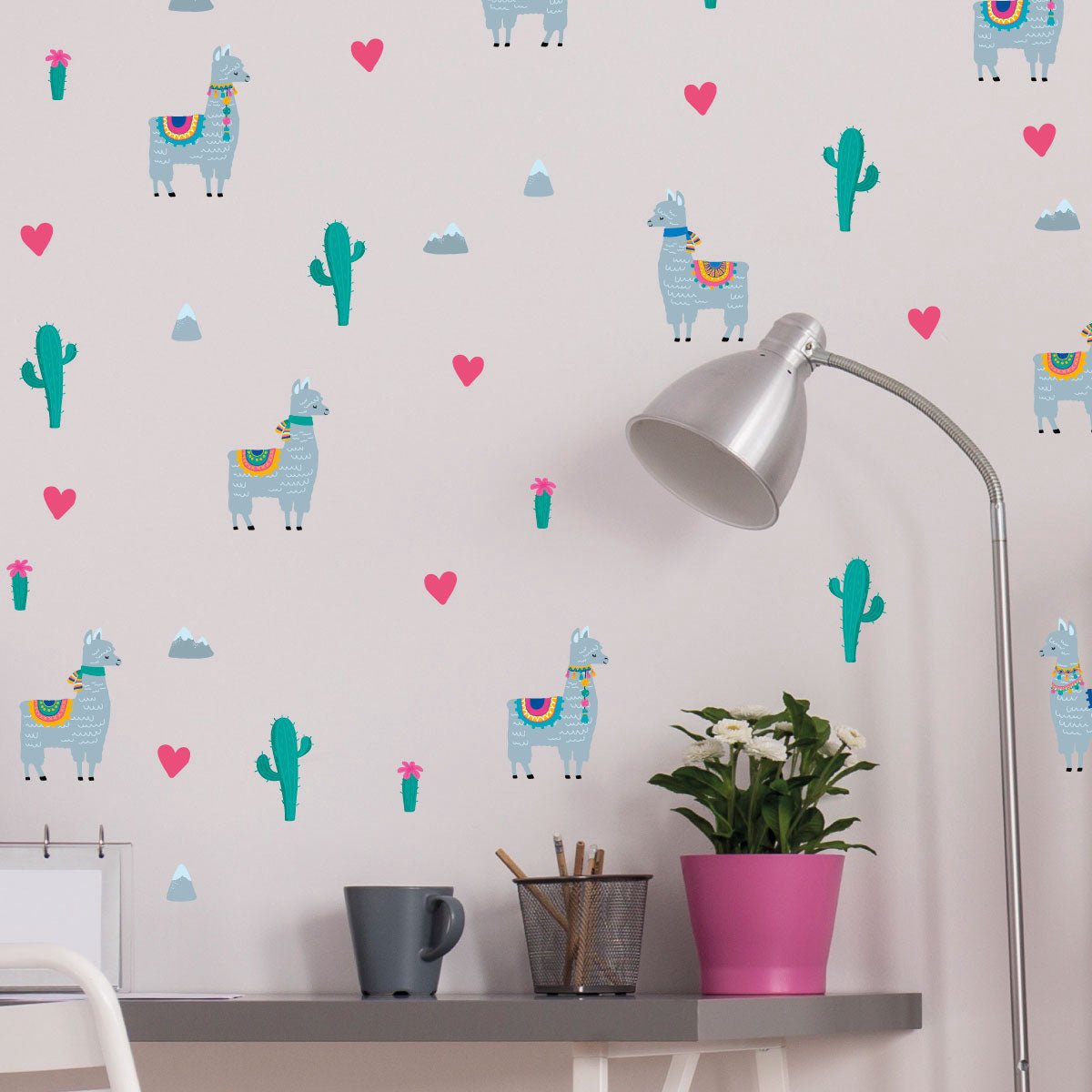 Ambiance Sticker Muurstickers - Verliefde Lama's en Woestijncactus - zelfklevende achtergrond met transparante achtergrond - 30x30cm Multi color