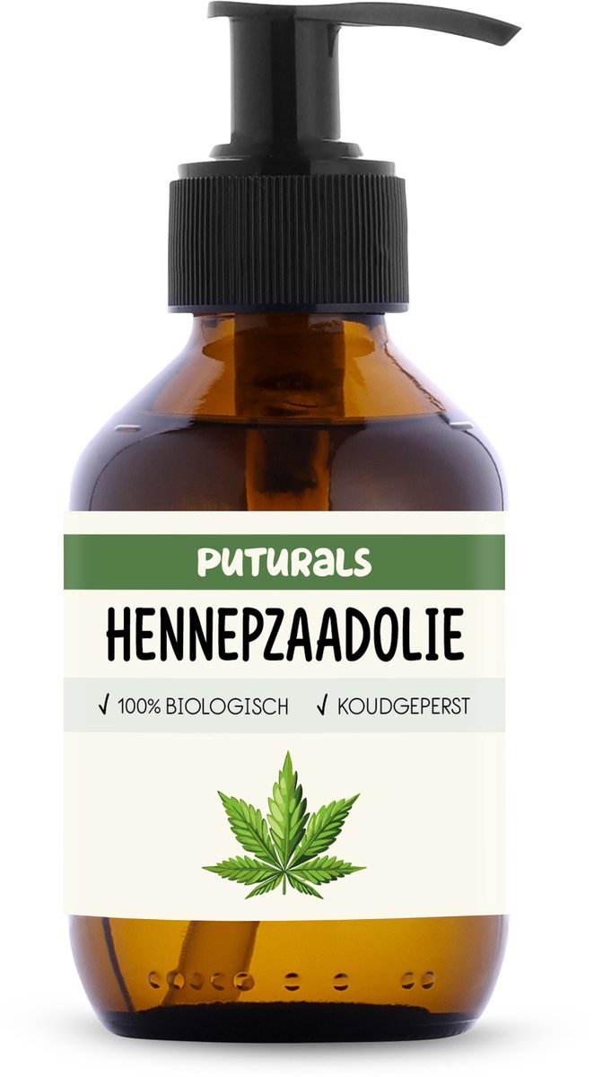 Puturals Hennepzaadolie 100% Biologisch - 150ml - Koudgeperst en Puur - Hennepzaadolie voor Huid, Haar, Gezicht en Lichaam - Geschikt voor Honden - Bruine Glazen Fles + Pomp