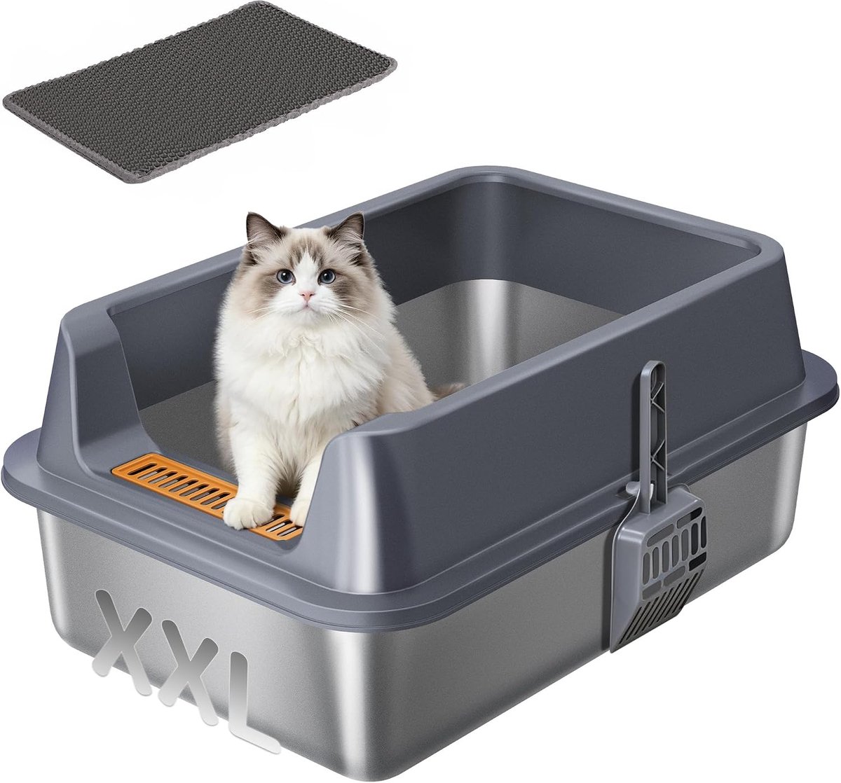 Hzuaneri Kattenbak roestvrij staal XXL, 60 × 40 × 26 cm, kattenbak met hoge rand, met XL-mat, schep, gemakkelijk te reinigen, kattenbak met antiaanbaklaag en lekvrij, donkergrijs