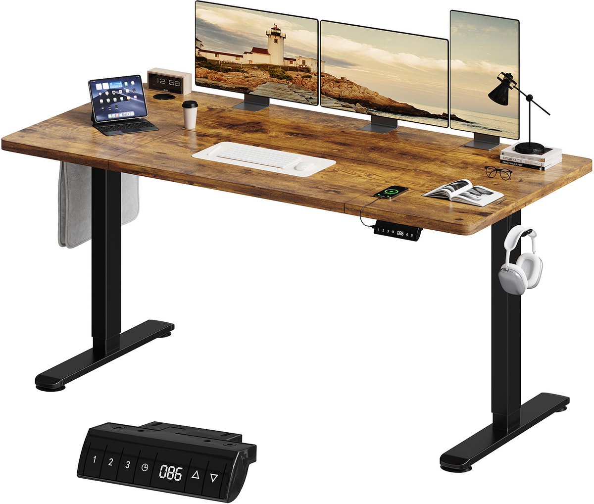Devoko Elektrisch Zit-Sta Bureau 160x80 cm – 18 mm Dik Tafelblad – 3 Geheugenstanden – USB en Zit-alarm – Kabelmanagement – Zwart frame met donker houtlook blad