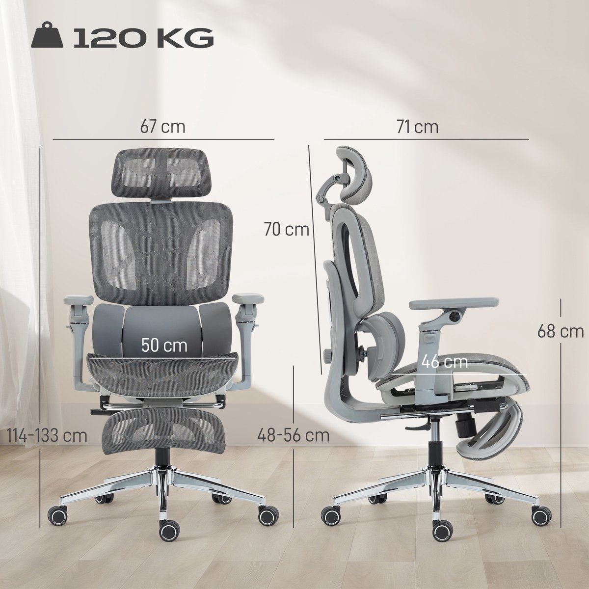 HOMCOM bureaustoel - Mesh (100% polyester) - 67 x 71 x 133 cm - Grijs