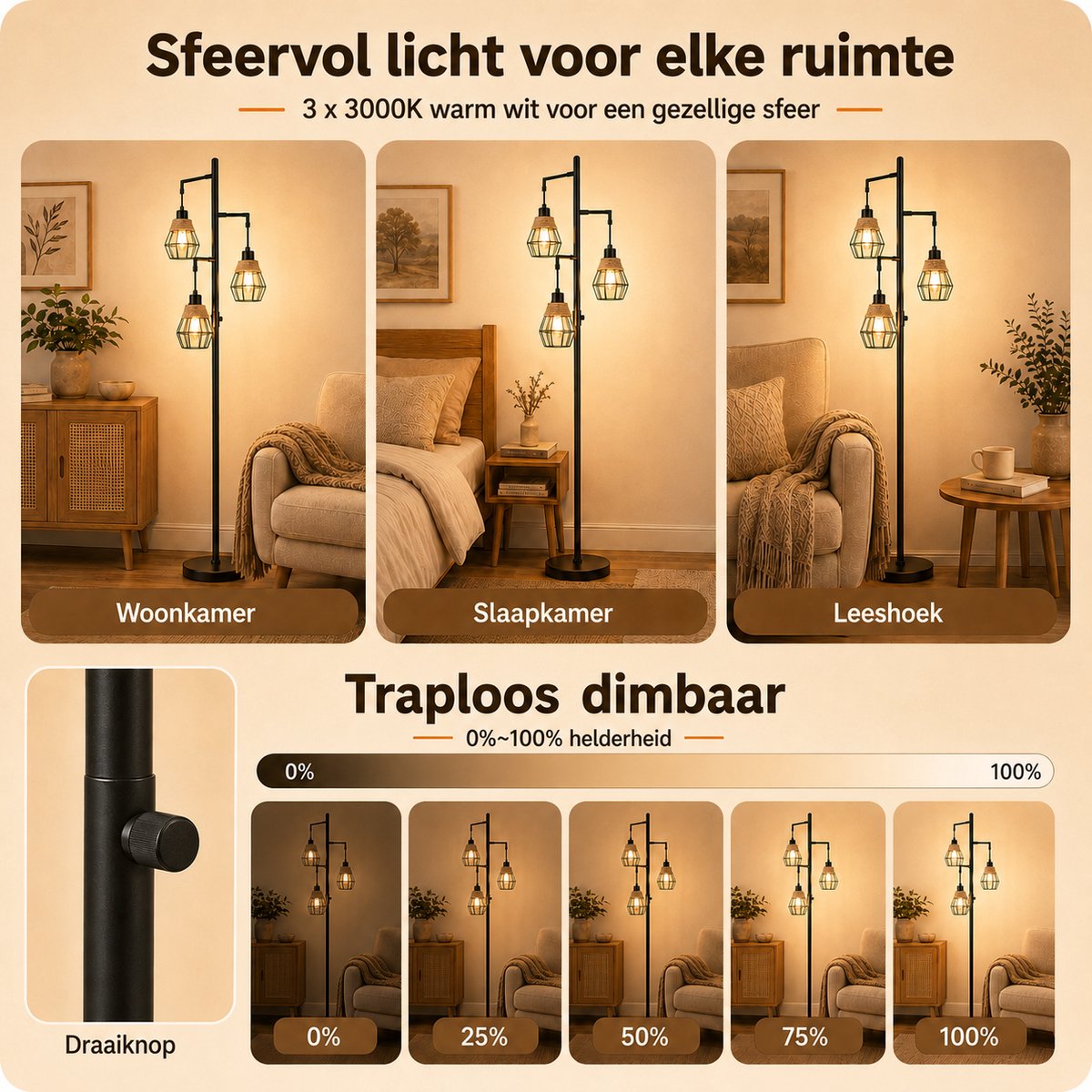 Lapamax Vloerlamp Industrieel Zwart - Traploos Dimbare Hoeklamp met E27 LED Lampen 3000K thumbnail 5