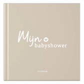Beige invulboek met de tekst 'Mijn babyshower' in witte letters.