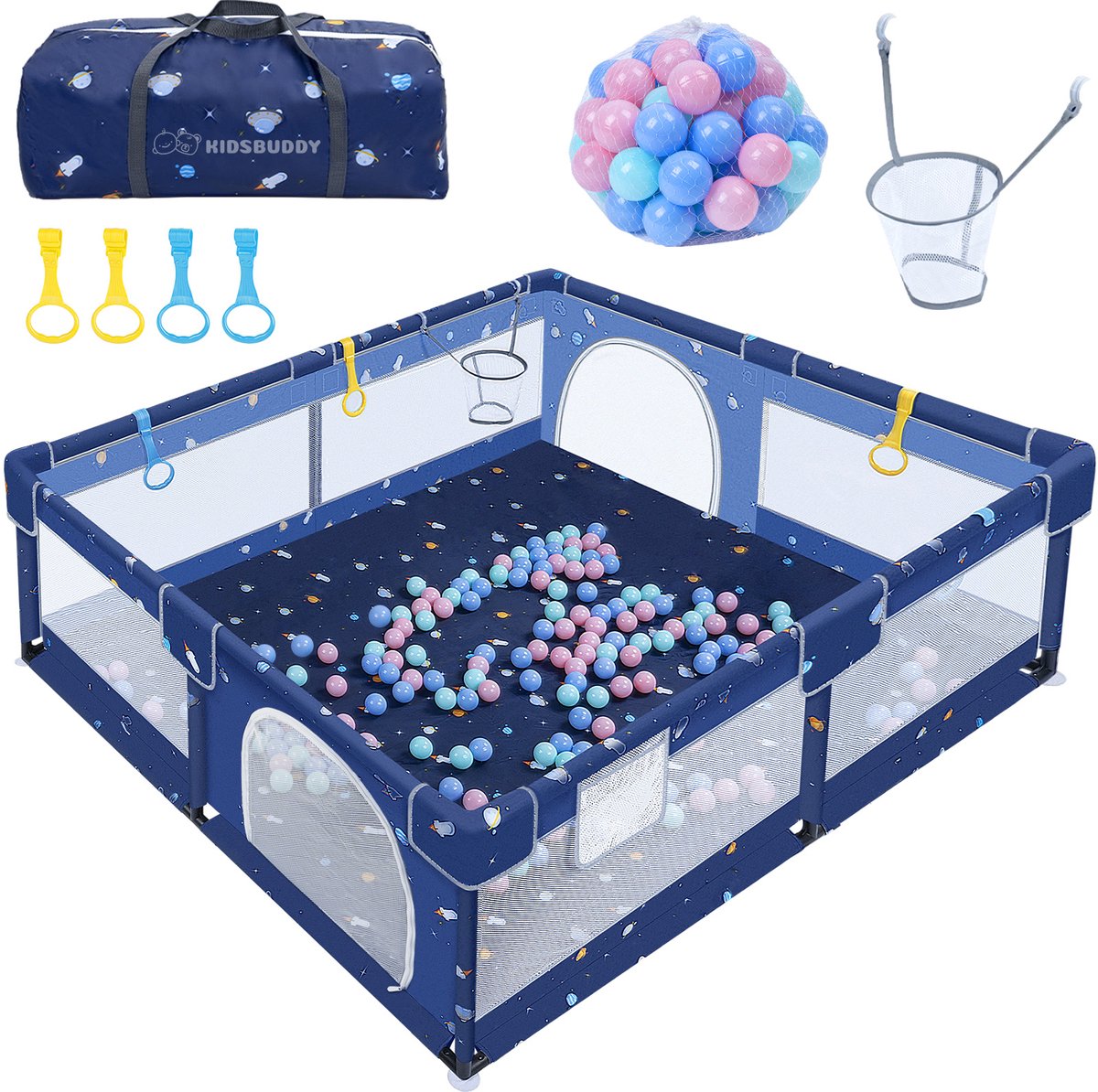 Arvioo - Baby speelpark upgrade - 360° gaas - Opbergzak - Basketbalring - Veilig speelhek