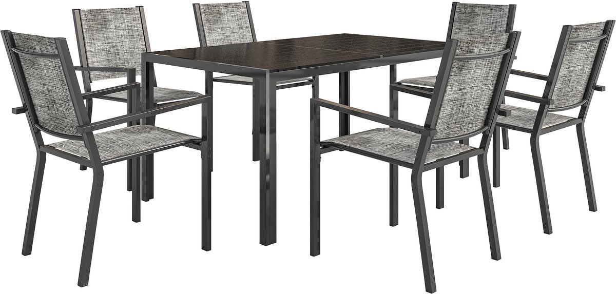 Tuinset met tafel en stoelen, Inclusief 6 stapelbare stoelen,Tafelblad van houten latten (150 cm), roestbestendig stalen frame, terrasmeubels set, tuinset, zitset, eettafelset, zwart