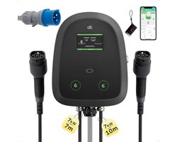 dé Dual-Cable - Wallbox Laadpaal 22kW - 2×7,4kW - 3-Fase (2×32A) - met Twee Type 2 Stopcontacten - Gelijktijdig Opladen van Twee Auto’s - met App en RFID voor BEV/PHEV