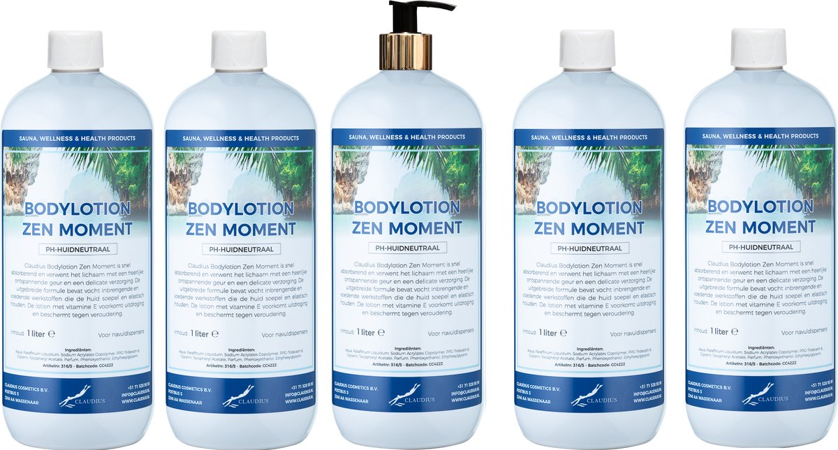 Bodylotion Zen Moment 1 Liter - met gouden pomp - set van 5 stuks - Voordeelverpakking
