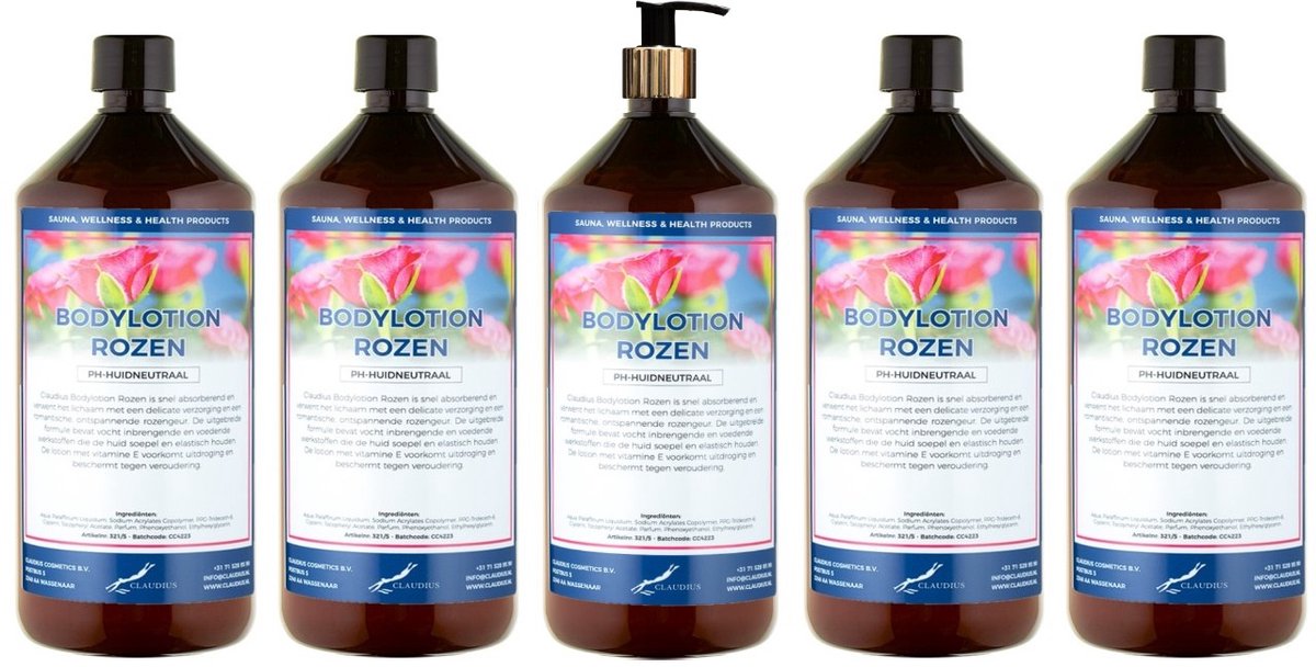 Bodylotion Rozen 1 Liter - met gouden pomp - set van 5 stuks - Voordeelverpakking