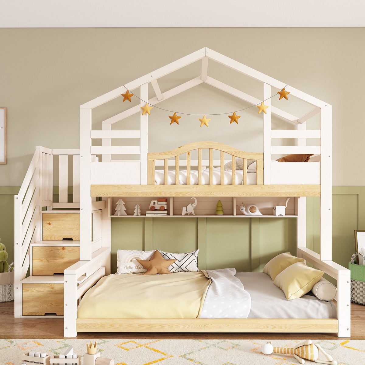 VVBV Stapelbed 90x200 cm - Uitvalbeveiliging, Opbergtrap, USB-Aansluiting, Huisvorm - Wit, Hout