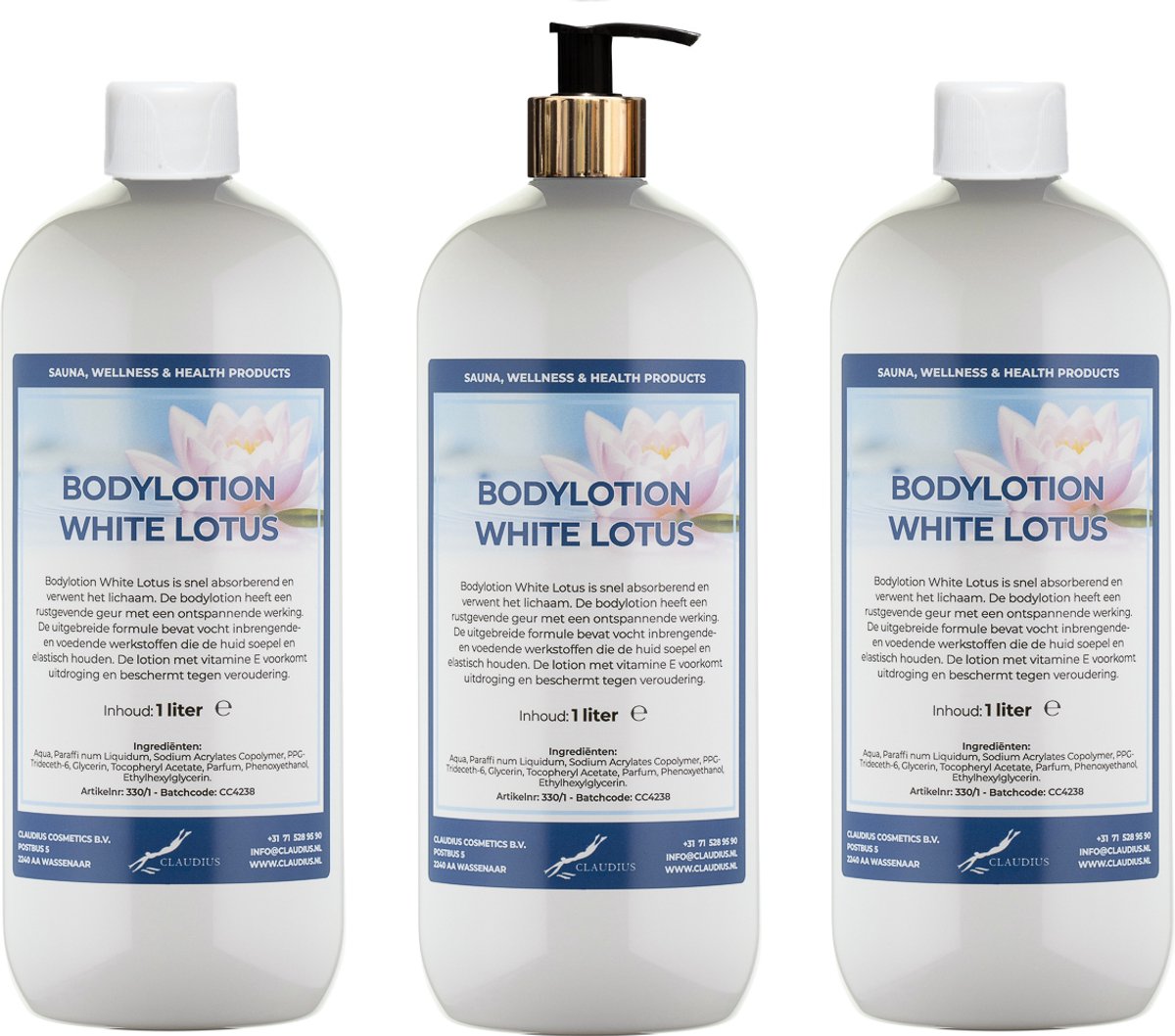 Bodylotion White Lotus 1 Liter - met gouden pomp - set van 3 stuks