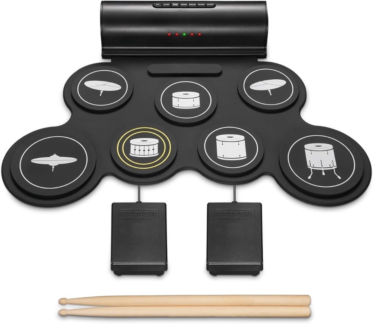 QUOVO® Elektrisch Drumstel met Drumstokken - Drumstel voor Kinderen of Volwassenen - Drumstel Elektronisch – Met 7 Digitale Drumpad - Met Hoofdtelefoonaansluiting – Zwart - 44cm x 28cm x 6cm