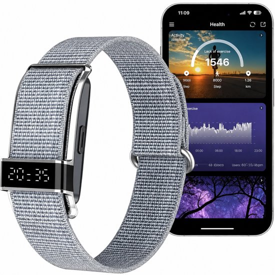 Grijze activity tracker met stoffen band, naast een smartphone met gezondheidsapp.