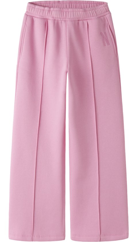 Roze joggingbroek met wijde pijpen, elastische tailleband en subtiel 'N' logo op de linkerheup.