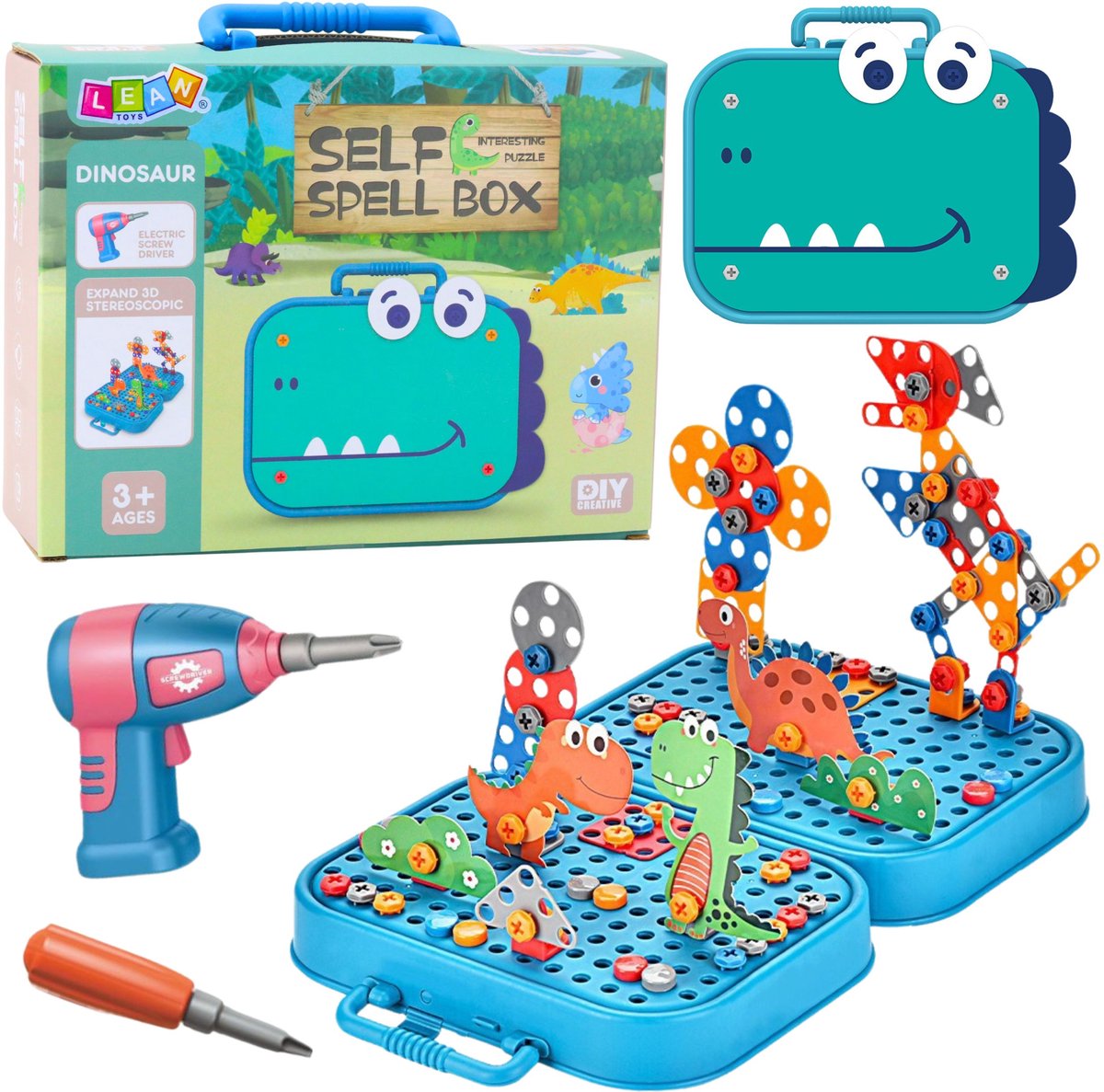 Diy schroevendraaierset kofferpuzzel dinosaurussen blokken schroevendraaier 228 stuks.