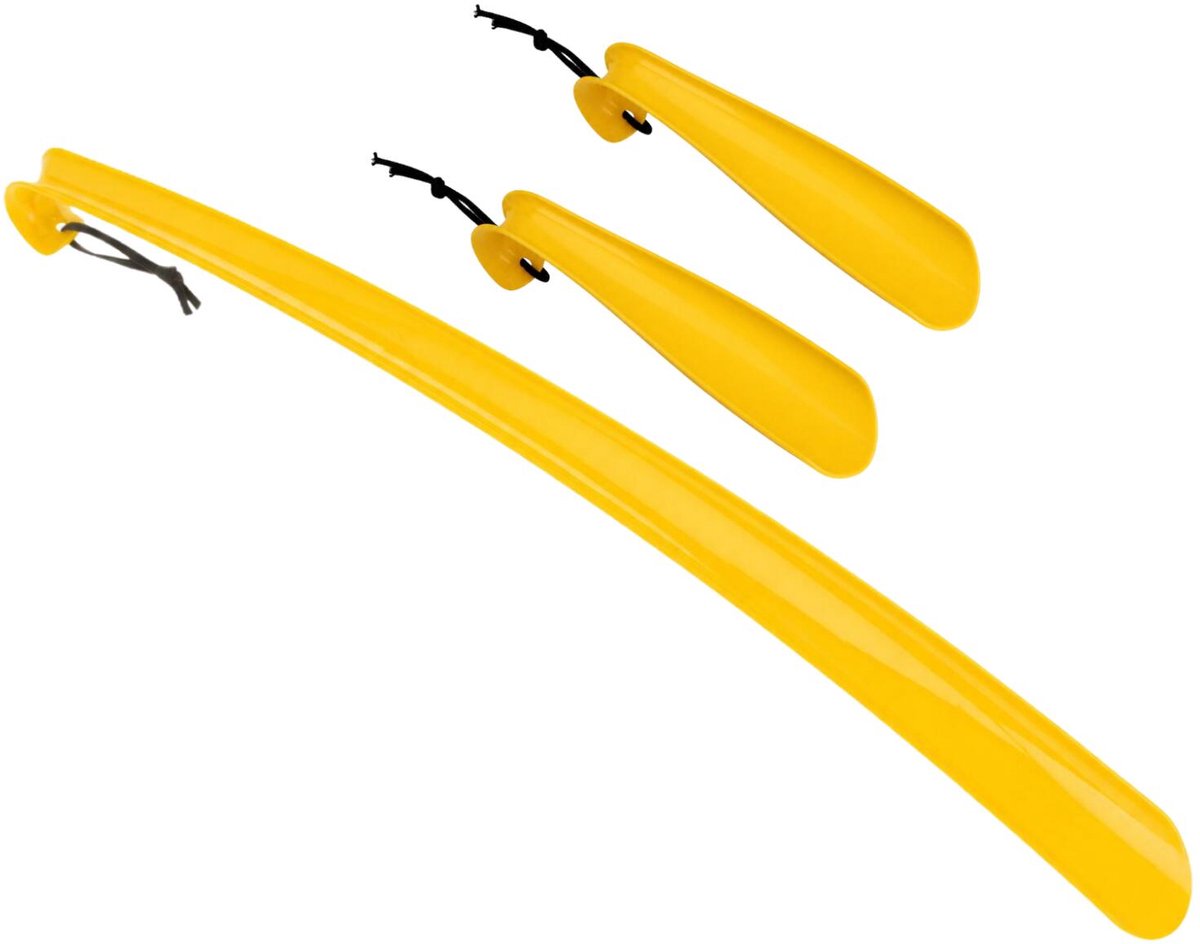 Shoe Solutions Schoenlepels set - 3x stuks - 18 en 57 cm - kunststof - geel - met haak - schoenen instaphulp