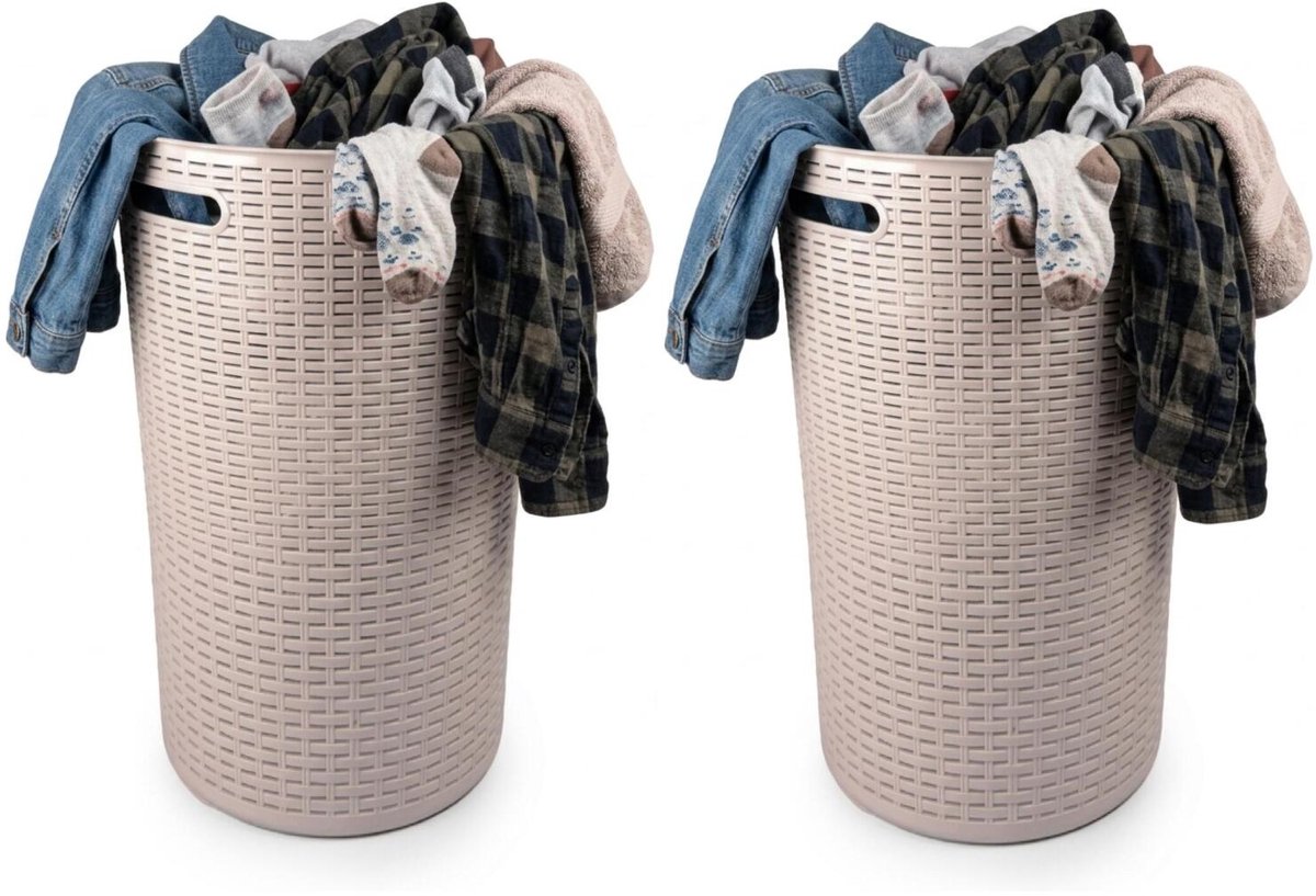 Plasticforte Ronde wasmand Rotan - 2x - beige - gevlochten kunststof - 51 liter - 38 x 57 cm - opbergmanden