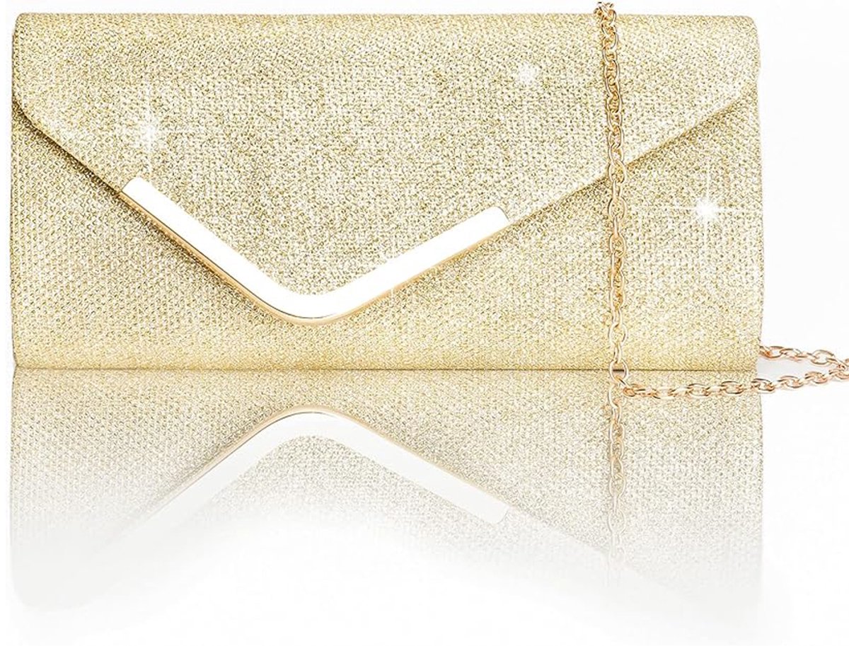 Clutch voor dames, glanzende avondtassen, enveloptassen, portemonnees met afneembare ketting voor dames, elegante schoudertassen voor vrouwen, bruidsjurk, gala, bruiloft, feest (Gouden)