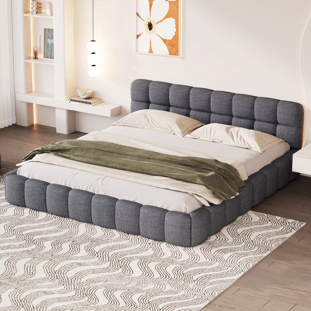 Bed 140x200 cm, jeugd dubbel bed met gevoerd hoofdeinde, Tweepersoons bedframe 140x200 met lattenbodem, linnen, Grijs