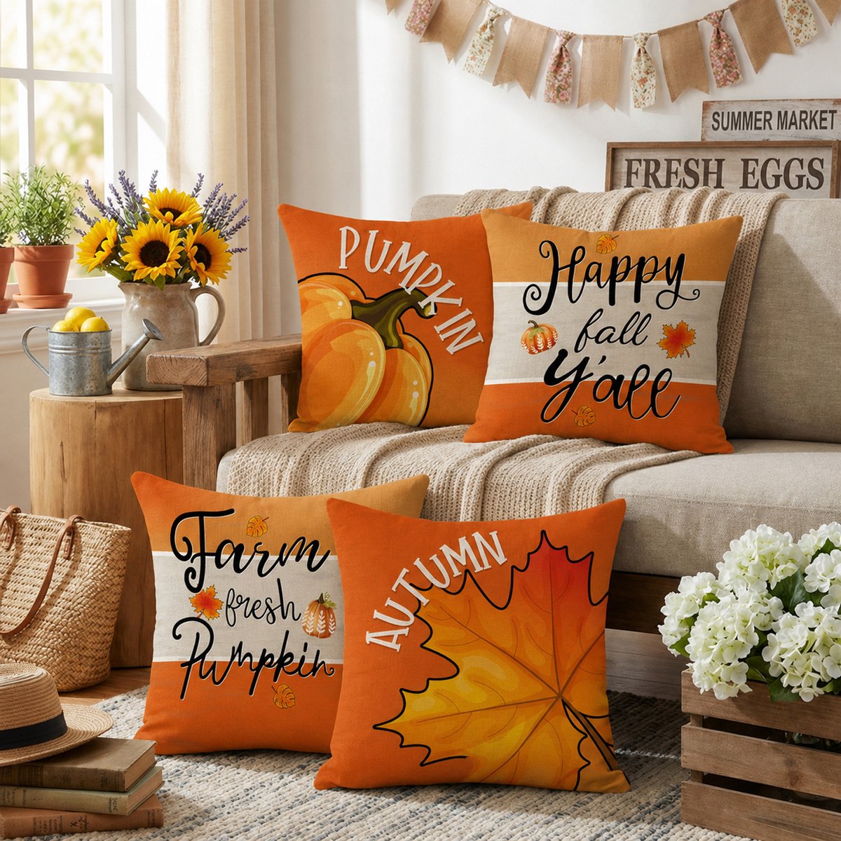 Ulisem - Herfst Kussenhoezen 4 Stuks – Decoratieve Sierkussenhoezen 45x45 cm met Pompoen & Esdoornbladeren – Autumn Decoratie Kussenslopen voor Bank, Bed, Tuin & Feest