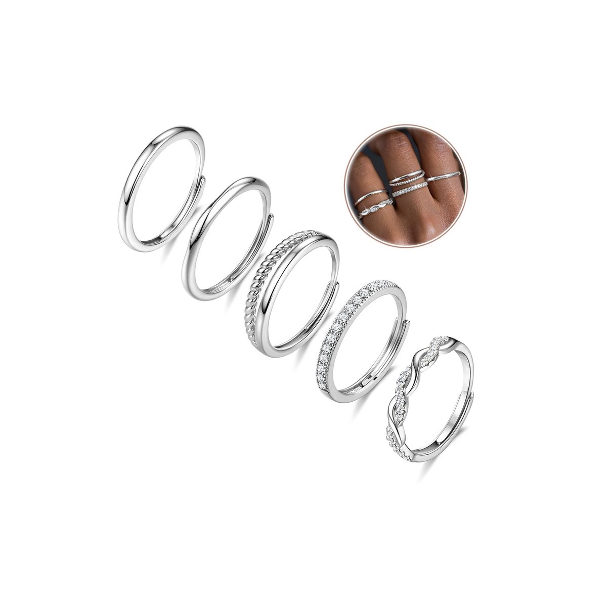Solidchoice - 5 Stuks Gouden Zilveren Ringen Dames - Verstelbaar met Zirkonia