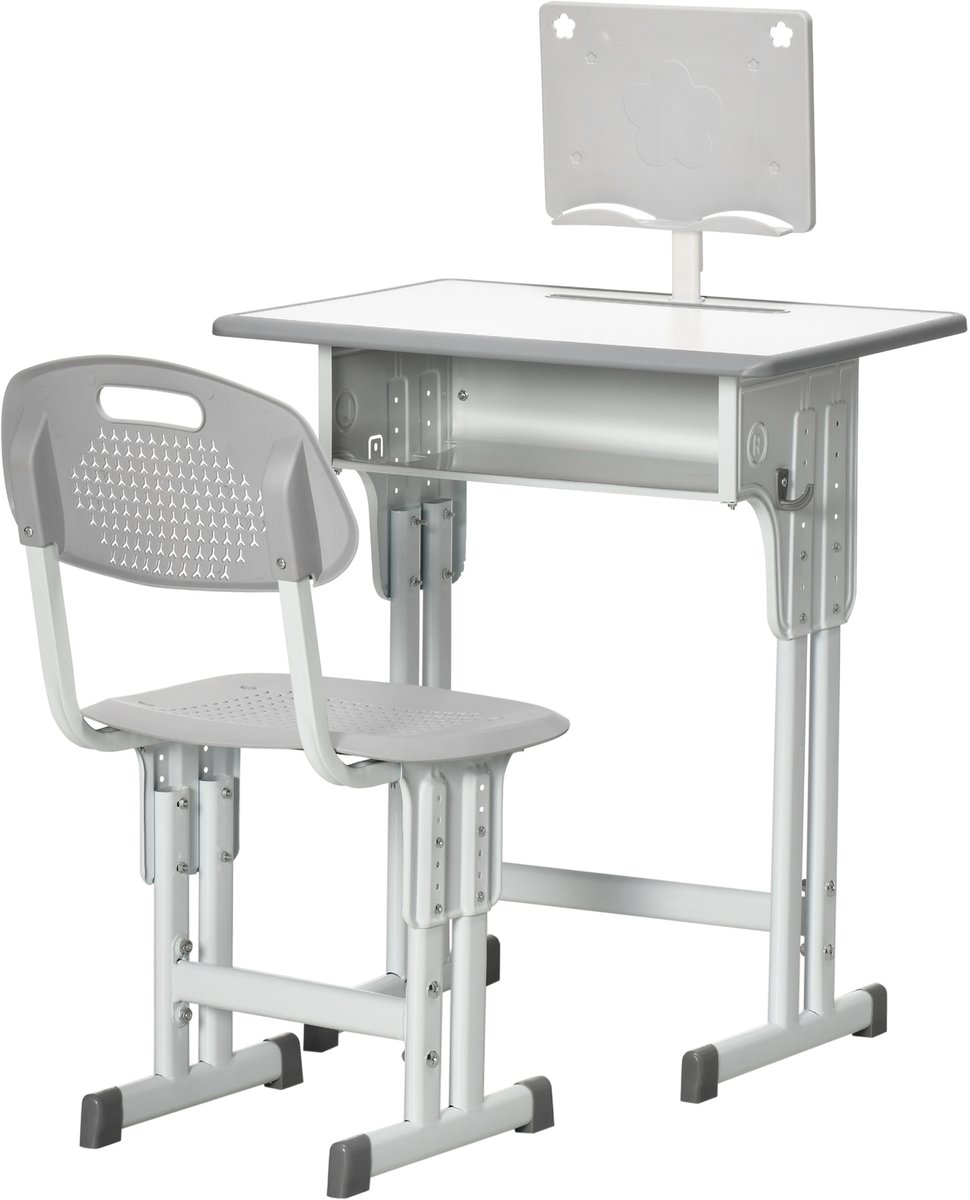 Bureau en stoel voor kinderen met leesstandaard - kluis - haak en penhouder - in hoogte verstelbaar - 60 x 45 x 90-102 cm-grijs