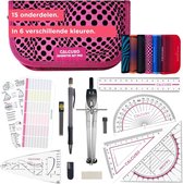 Roze etui met zwarte stippen, 15 onderdelen geometrisch tekenset in 6 kleuren, met liniaal en passer.