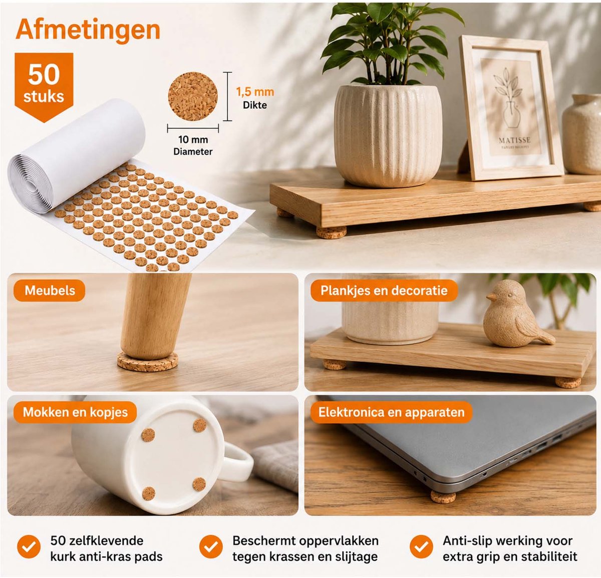 FSW-Products – 50x Zelfklevende Kurk Meubelpads – Ø10 mm x 1,5 mm – Anti-Kras & Anti-Slip – Vloerbeschermers – Meubelonderzetters voor Stoelen, Tafels & Meubels
