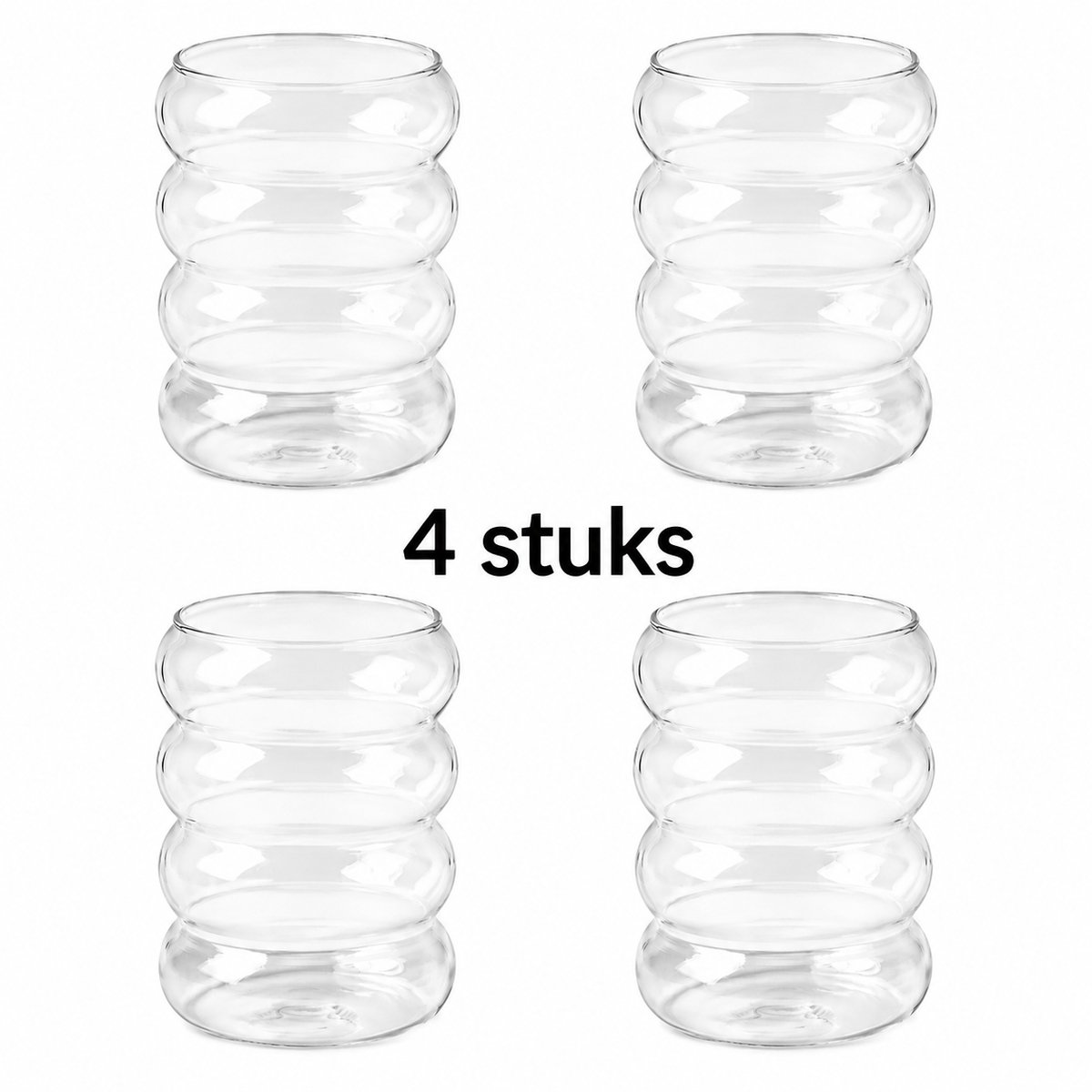 Bubbel Drinkglazen Set van 4 – 350 ML – Vintage Wavy Design – Geribbelde Glazen voor Koffie, Matcha, Frisdrank & Sap