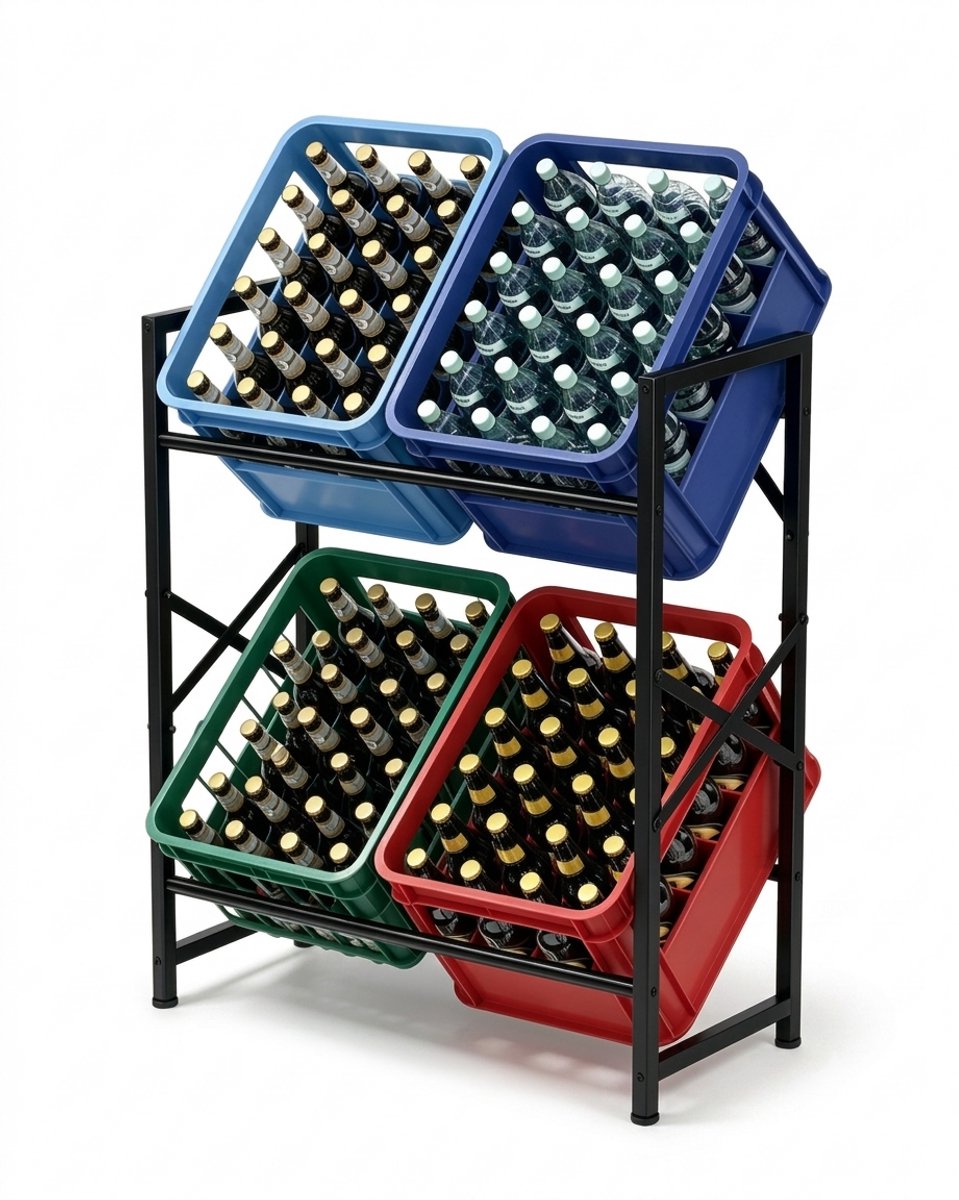 MAZAZU Drankenrek voor 4 Kratten – 70x32x79 cm – Metalen Krattenrek 2 Etages – Schuine Krattenhouder voor Bierkratten & Waterkratten – Ruimtebesparend – Zwart