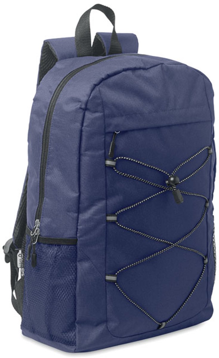 Rugzak van 600D RPET polyester met decoratief koord en ritsvak aan de voorkant. Meshzakken aan beide kanten. Blauw