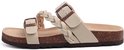 Zijaanzicht van beige sandalen met gevlochten bandjes en gespen.