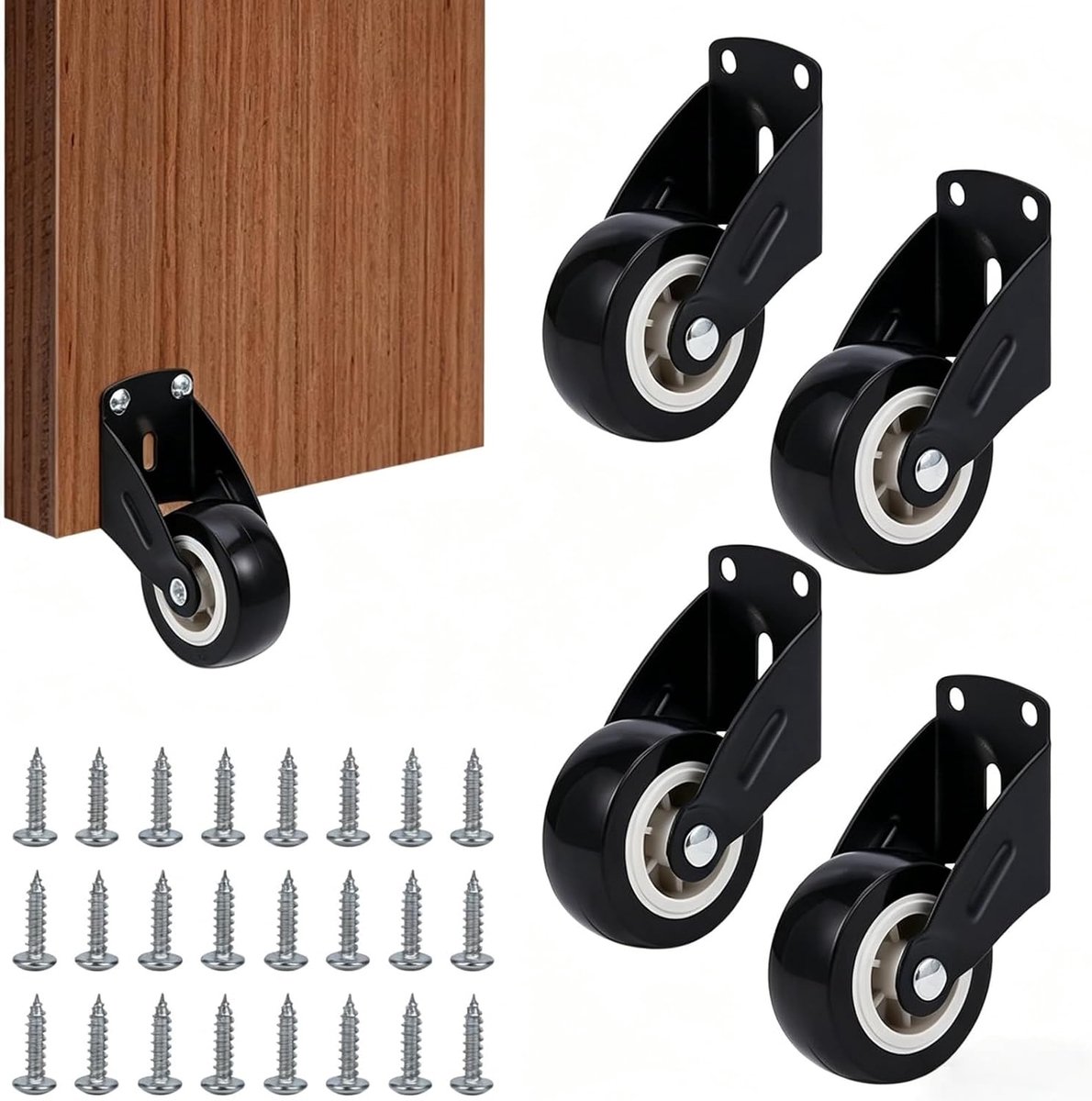 Set van 4 wielen voor hekken (2 inch) ter voorkoming van doorhangen, met stille verticale rubberen rollen; draagvermogen van 80 lbs (ca. 36 kg) per set. Geschikt voor houten hekken, kippenhokken, kasten en werkbanken; voorkomt krassen op de vloer.