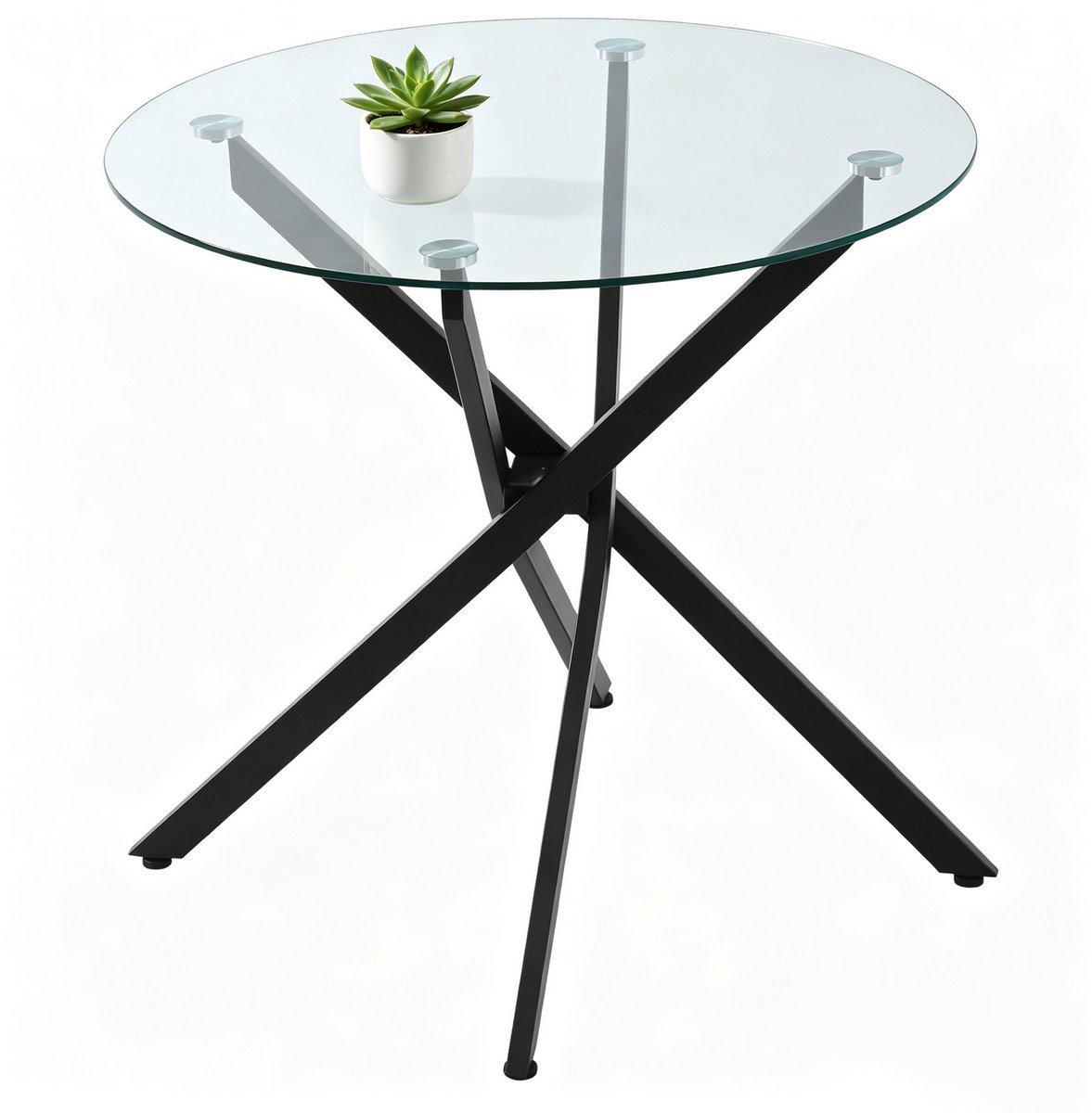 Sogiol® Ronde Eettafel met Gehard Glazen Blad - Ø 80 x 75 cm - Moderne Keukentafel met Metalen Kruispoten - Transparant en Zwart