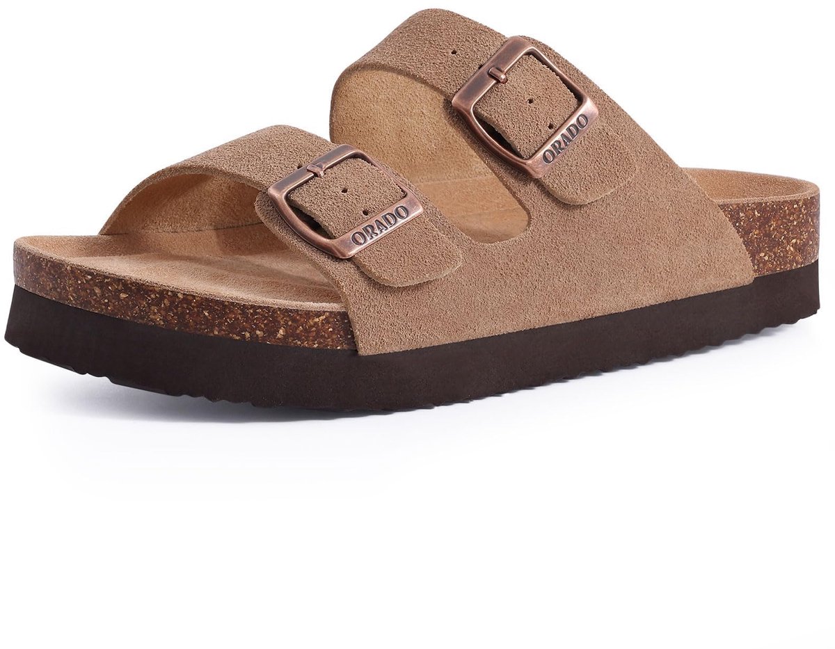 Homaxy - Unisex Sandalen -Suède Dames Slippers- Houten Clogs - Kurken Plateau Slippers - Abrikooskleurig - 38 - Geschikt voor een voetlengte van 23.5cm
