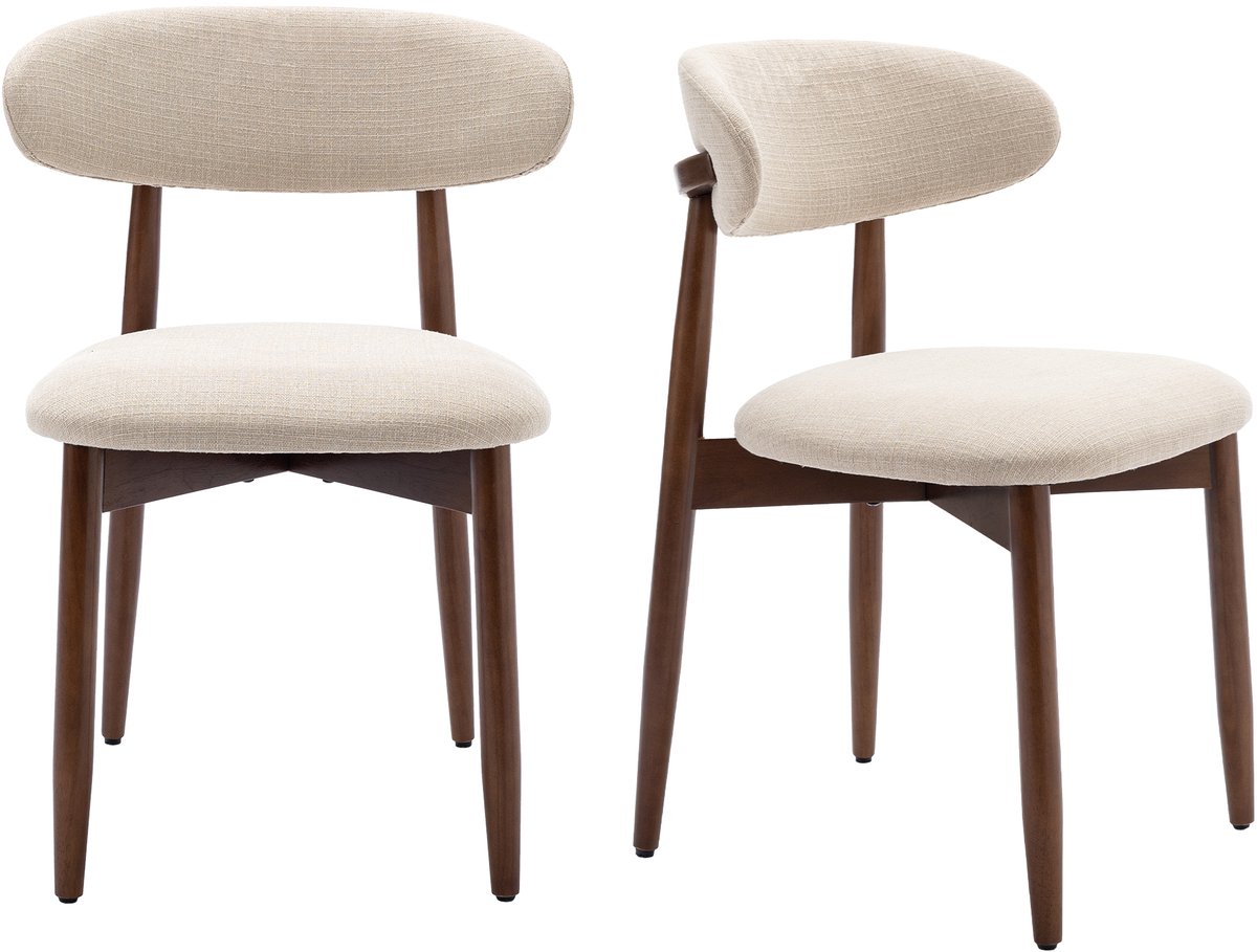 COLAMY Set van 2 Eetkamerstoelen - Stoffen Keukenstoelen met Houten Poten - Moderne Landelijke Stoelen - Beige