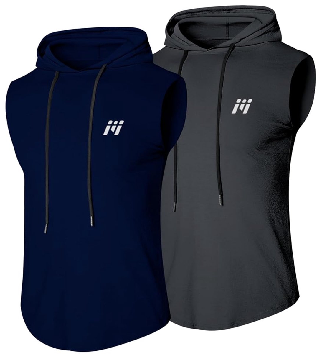 MEETEU Heren workout tanktops met capuchon (2-pack) mouwloze gym hoodies bodybuilding muscle cut-off T-shirt-Grijs/Blauw-XXL