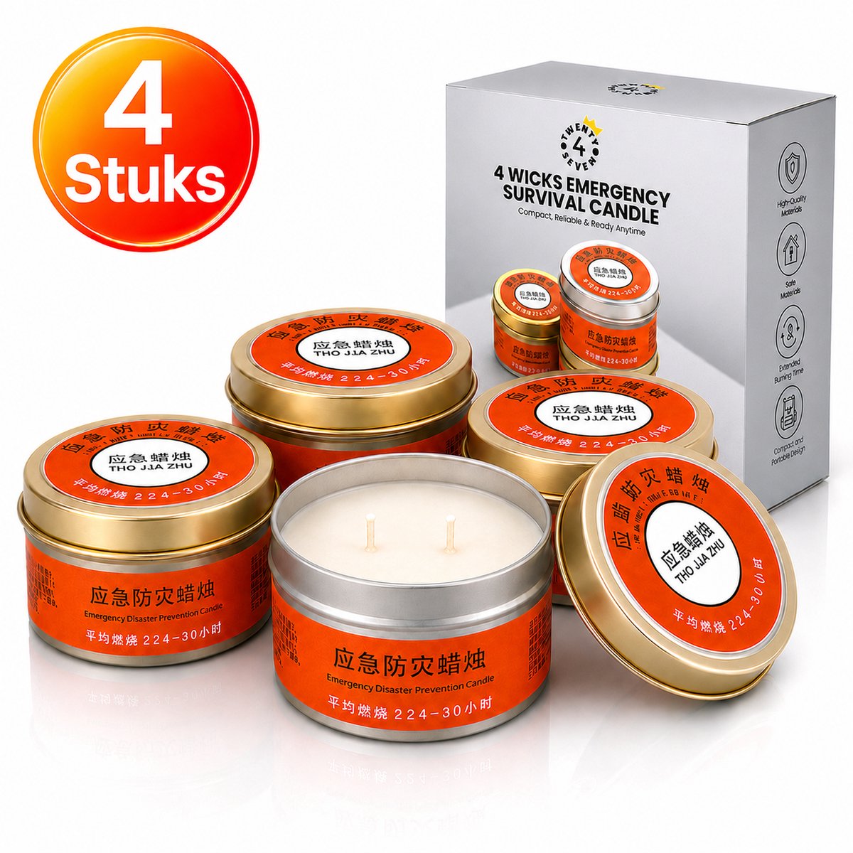 Twenty4seven® Bijenwas Kaarsen 4 Stuks - Noodkaarsen voor Stroomuitval - Survival & Kamperen - Langdurig Brandbaar tot 24 Uur