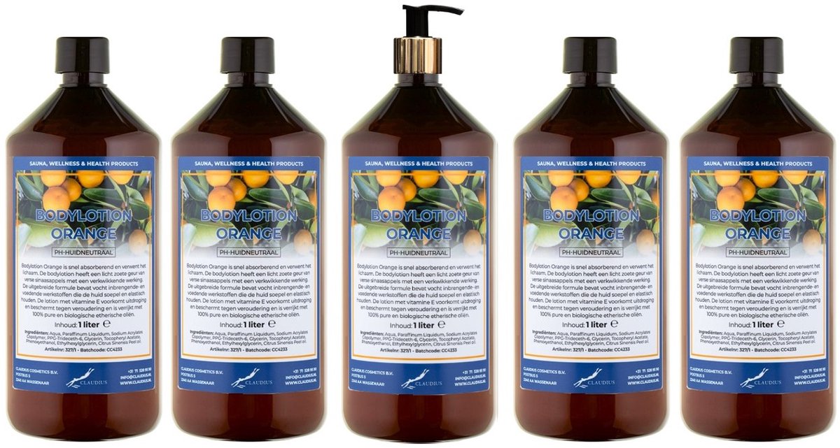 Bodylotion Orange 1 Liter - met gouden pomp - set van 5 stuks - Voordeelverpakking