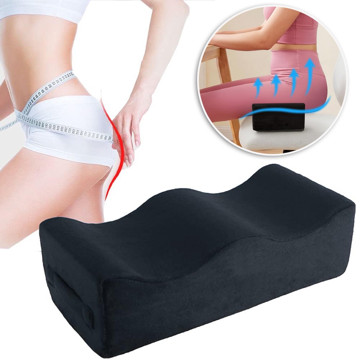 Hoogwaardig Traagschuim Zitkussen - Dubbel Gebogen Ergonomische Ondersteuning Antislip Onderkant Afneembare Ademende Hoes - Perfect Voor Langdurig Zitten En Studeren - Zwart