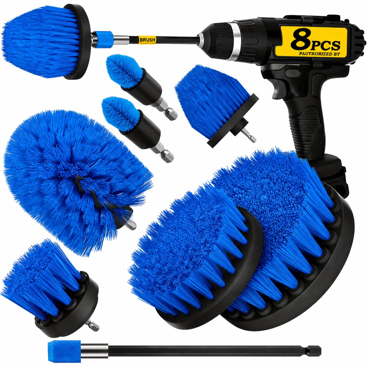 BOTC Boorborstel Set 8 Stuks - Schoonmaakborstels voor Boormachine met Verlengstuk - Tegelborstel, Voegborstel, Badkamer-, Douche-, Badkuip- en Vloerreiniging - Blauw