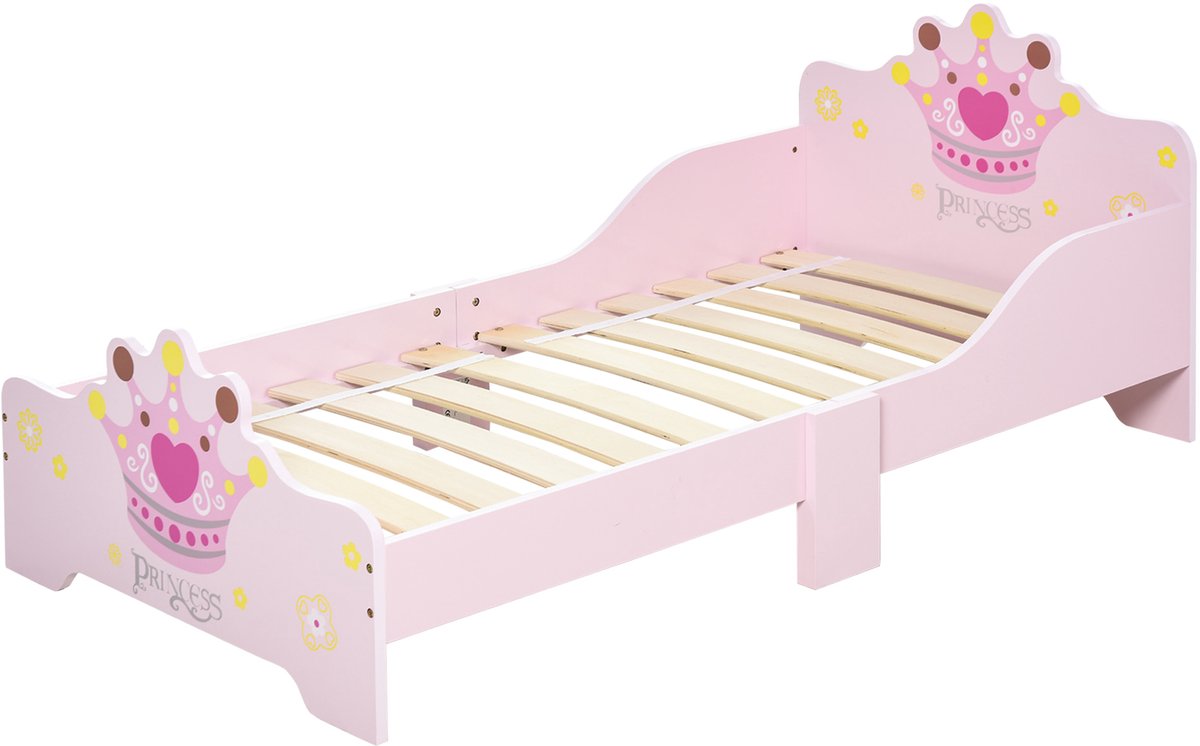 Kinderbed 140 x 70 cm – Bed in prinsessenthema met kroonmotief – Inclusief lattenbodem – Roze MDF