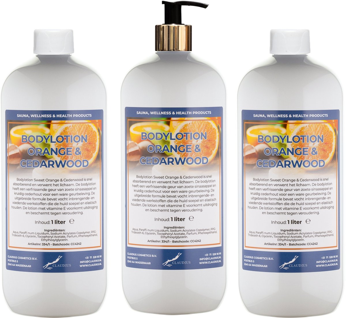 Bodylotion Sweet Orange & Cedarwood 1 Liter - met gouden pomp - set van 3 stuks